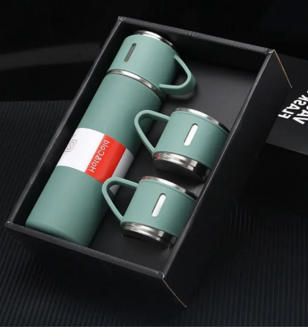 Stainless Steel Thermos Flask Gift Set Hot/Cold Travel Bottle with 2 Cups 0.5L