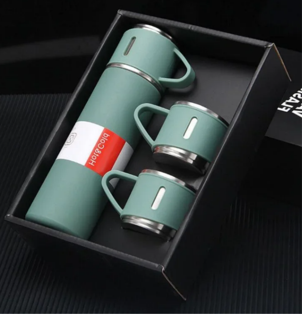 Stainless Steel Thermos Flask Gift Set Hot/Cold Travel Bottle with 2 Cups 0.5L
