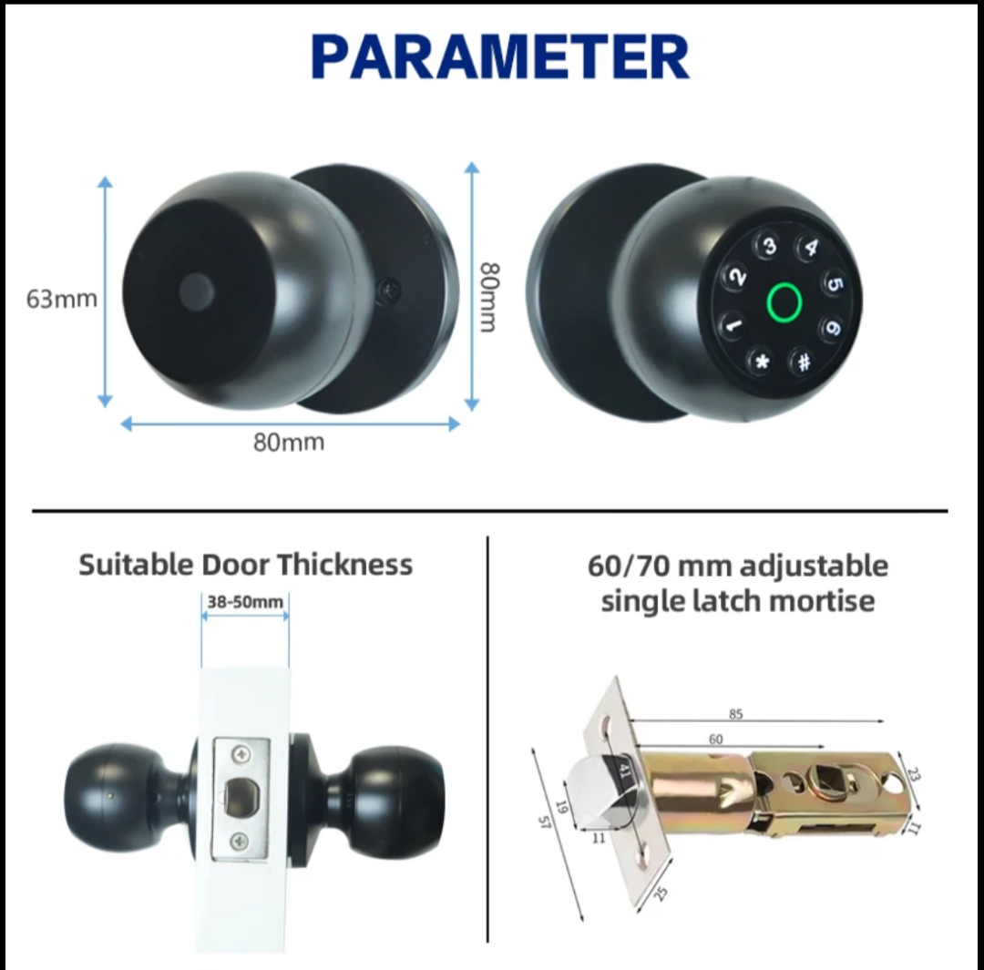 Smart Door Knob Fingerprint Door Lock Biometric Door Lock with Key & App Control