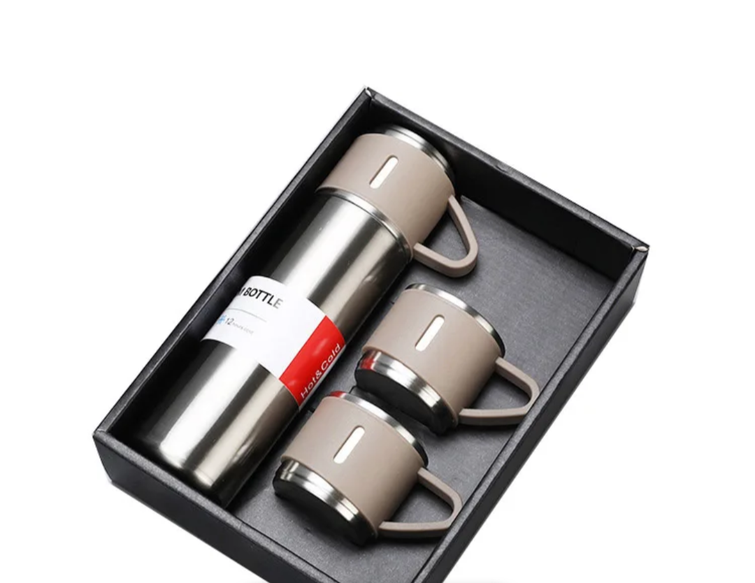 Stainless Steel Thermos Flask Gift Set Hot/Cold Travel Bottle with 2 Cups 0.5L
