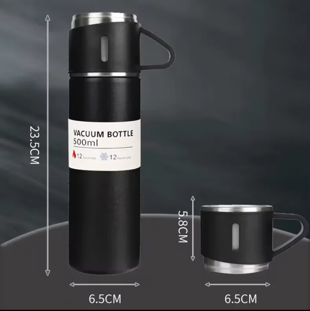 Stainless Steel Thermos Flask Gift Set Hot/Cold Travel Bottle with 2 Cups 0.5L