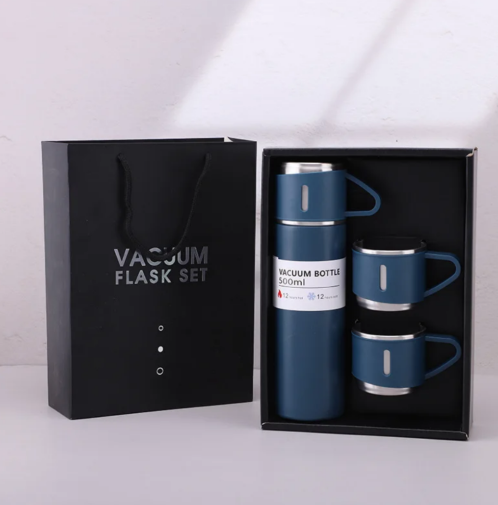 Stainless Steel Thermos Flask Gift Set Hot/Cold Travel Bottle with 2 Cups 0.5L