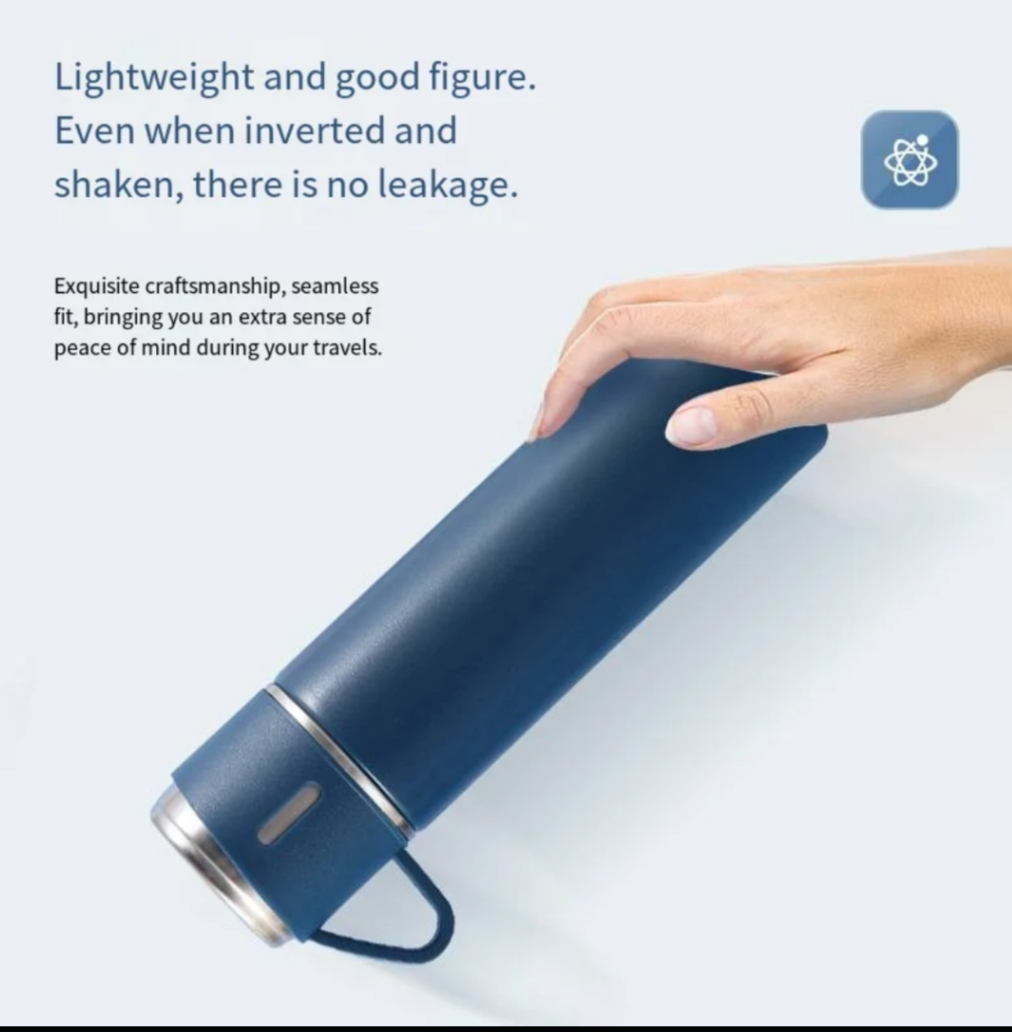 Stainless Steel Thermos Flask Gift Set Hot/Cold Travel Bottle with 2 Cups 0.5L