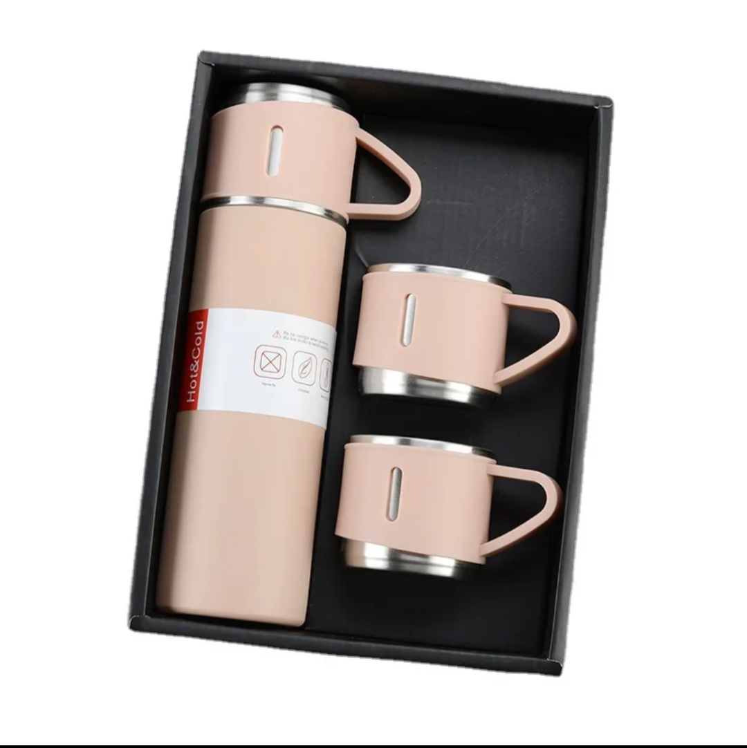 Stainless Steel Thermos Flask Gift Set Hot/Cold Travel Bottle with 2 Cups 0.5L