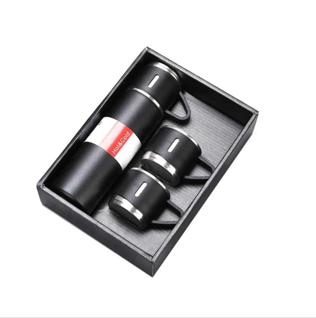 Stainless Steel Thermos Flask Gift Set Hot/Cold Travel Bottle with 2 Cups 0.5L