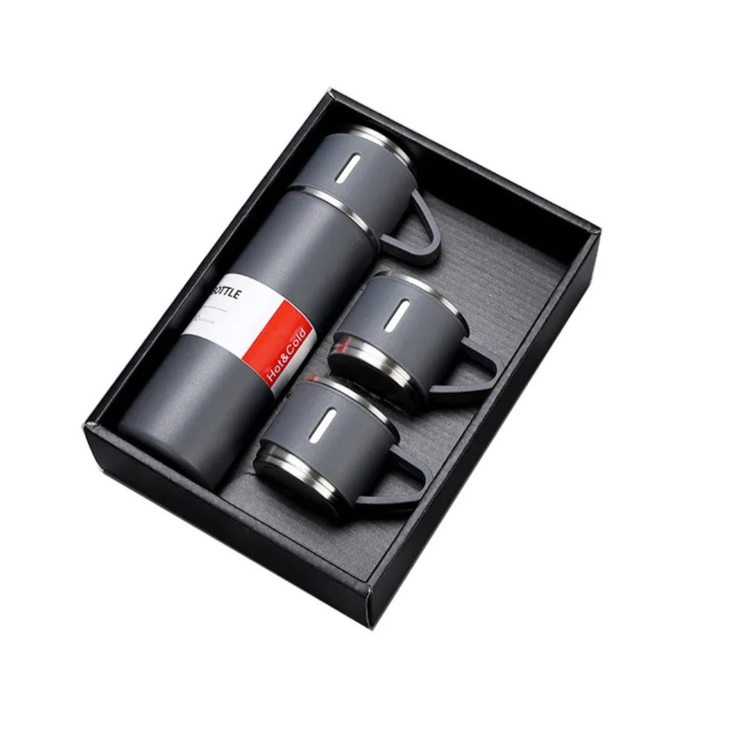 Stainless Steel Thermos Flask Gift Set Hot/Cold Travel Bottle with 2 Cups 0.5L
