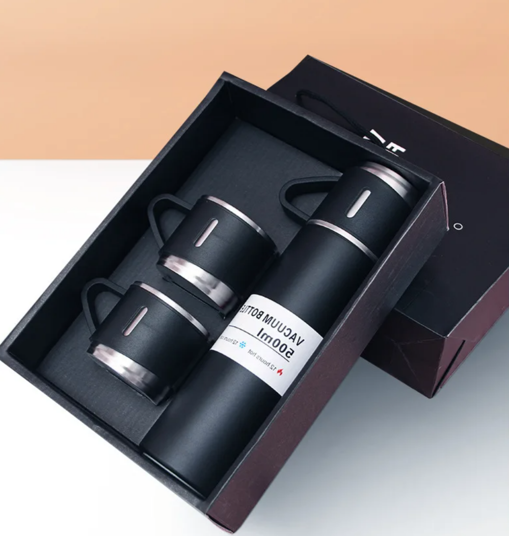 Stainless Steel Thermos Flask Gift Set Hot/Cold Travel Bottle with 2 Cups 0.5L