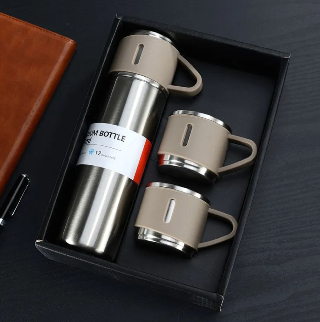Stainless Steel Thermos Flask Gift Set Hot/Cold Travel Bottle with 2 Cups 0.5L