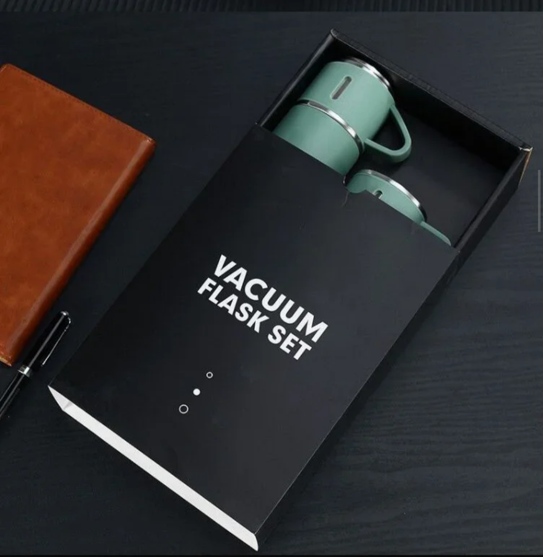 Stainless Steel Thermos Flask Gift Set Hot/Cold Travel Bottle with 2 Cups 0.5L