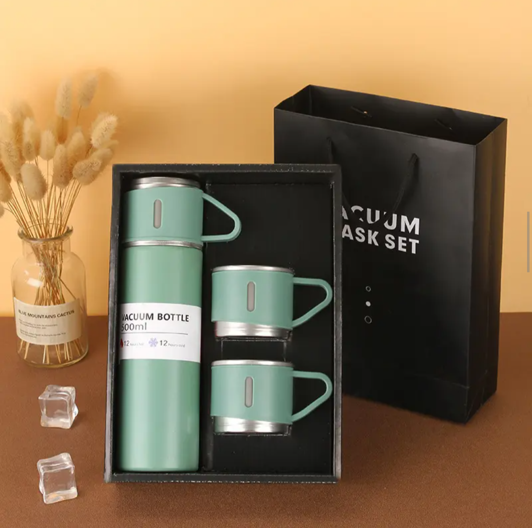 Stainless Steel Thermos Flask Gift Set Hot/Cold Travel Bottle with 2 Cups 0.5L