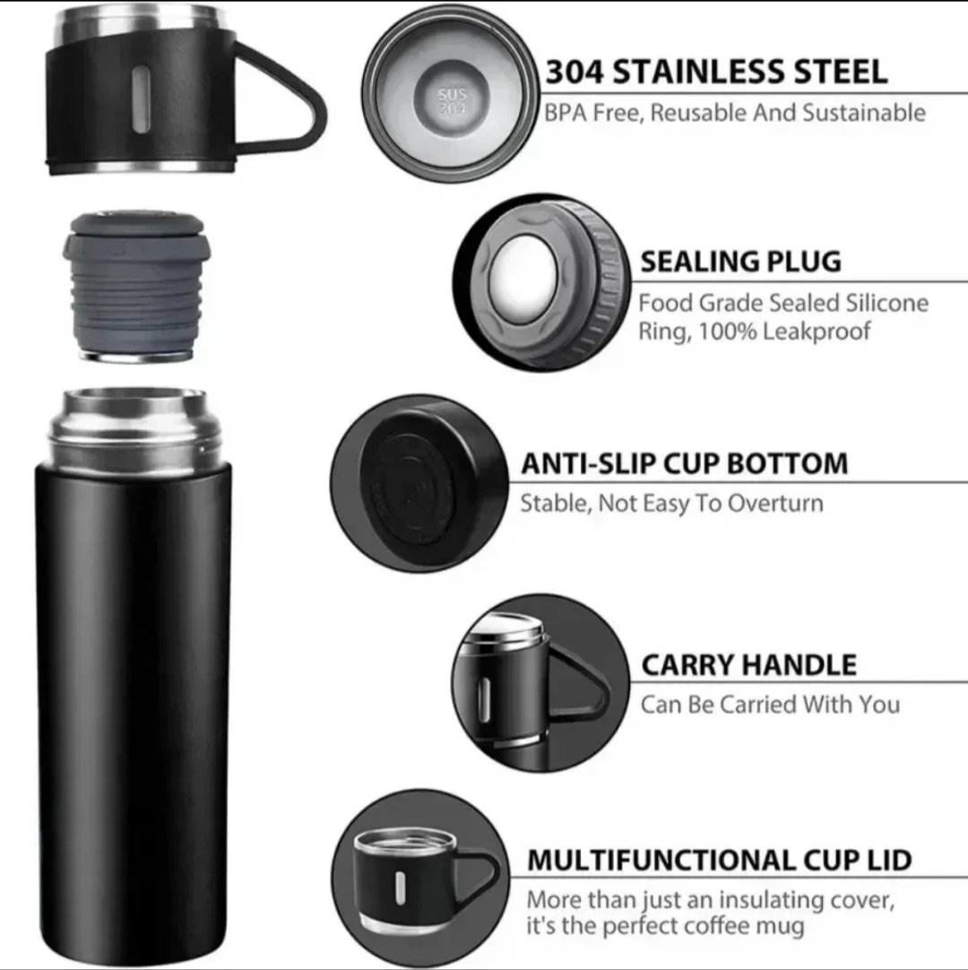 Stainless Steel Thermos Flask Gift Set Hot/Cold Travel Bottle with 2 Cups 0.5L
