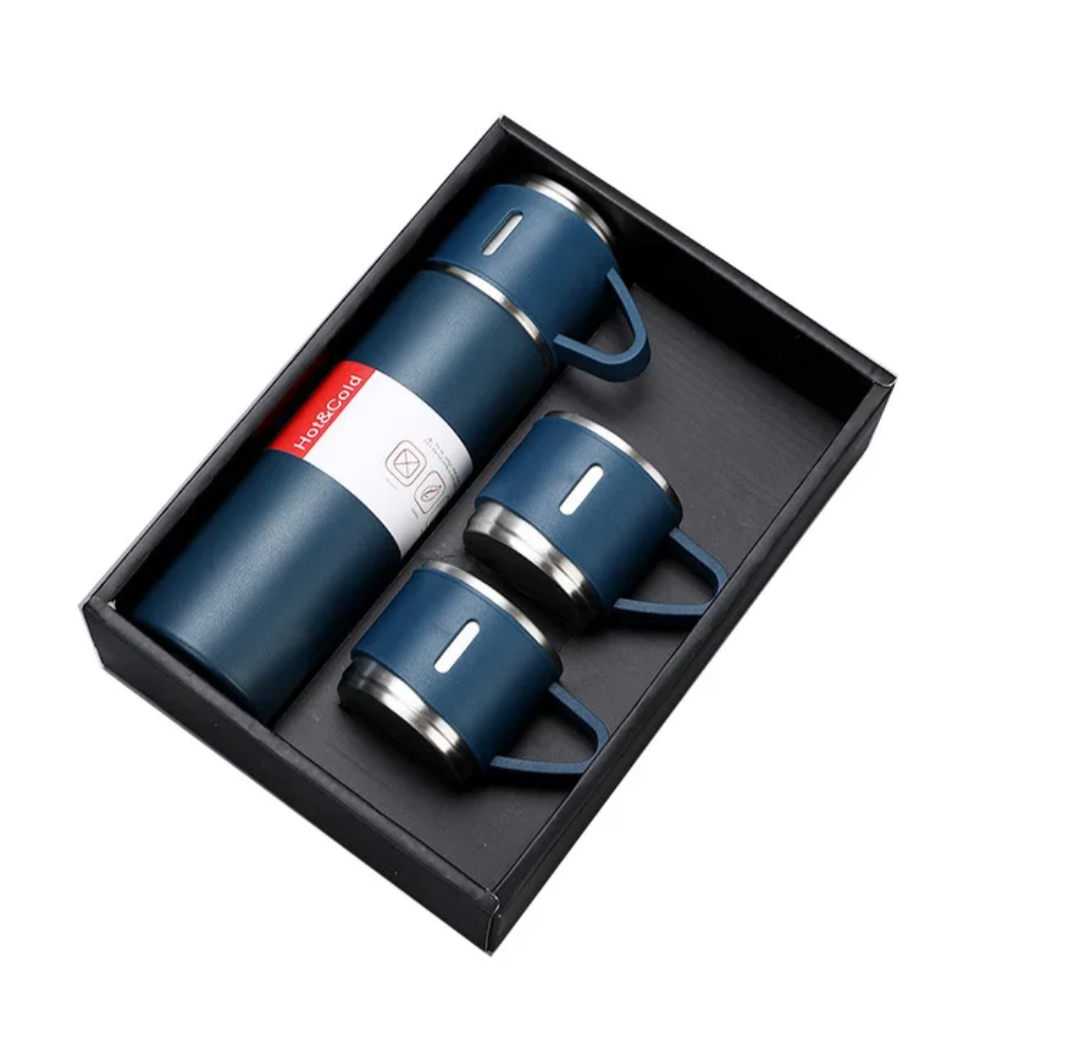 Stainless Steel Thermos Flask Gift Set Hot/Cold Travel Bottle with 2 Cups 0.5L