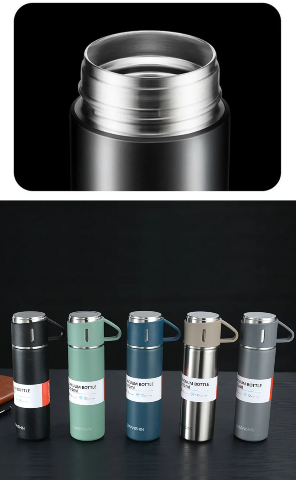 Stainless Steel Thermos Flask Gift Set Hot/Cold Travel Bottle with 2 Cups 0.5L