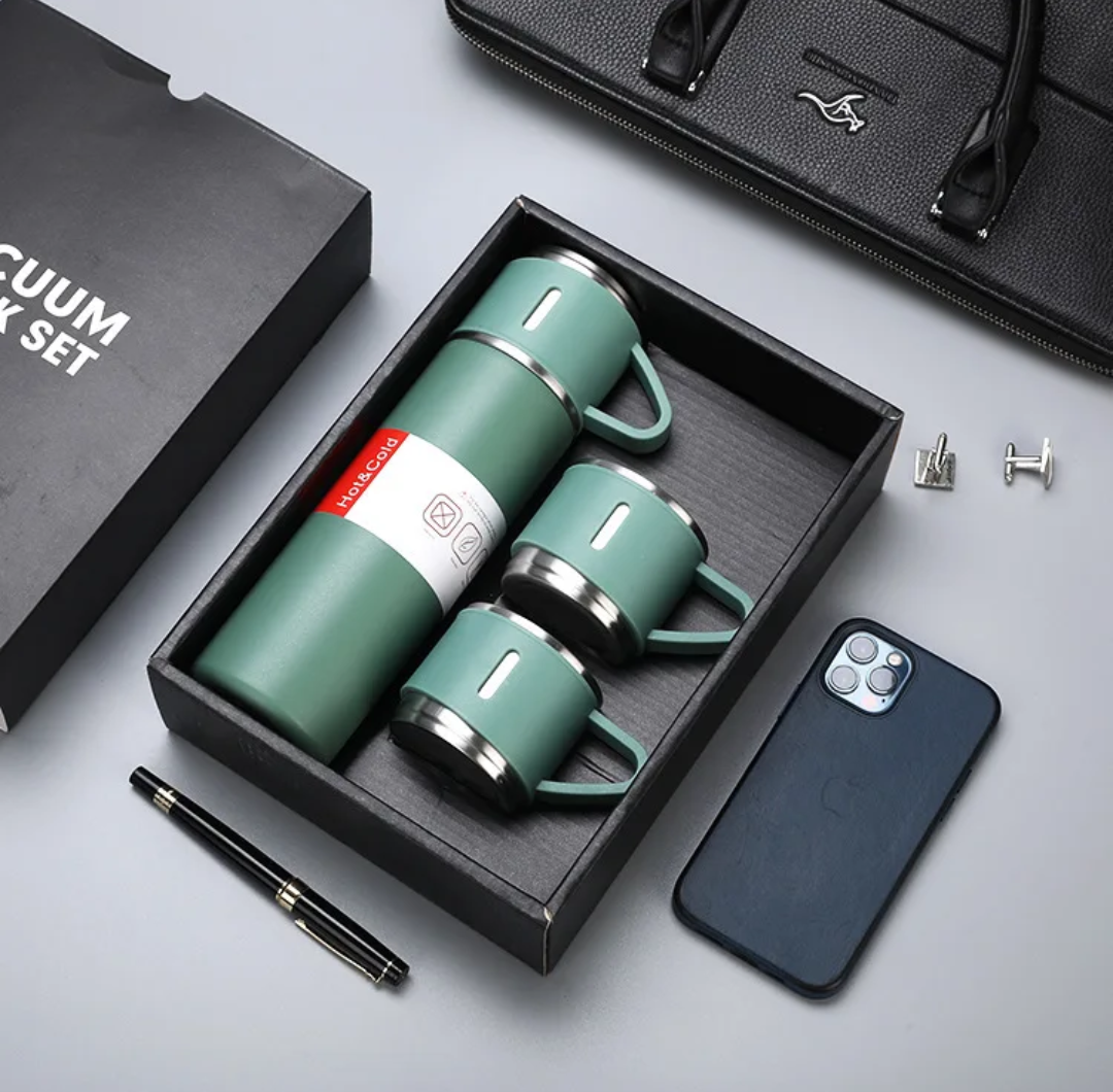 Stainless Steel Thermos Flask Gift Set Hot/Cold Travel Bottle with 2 Cups 0.5L