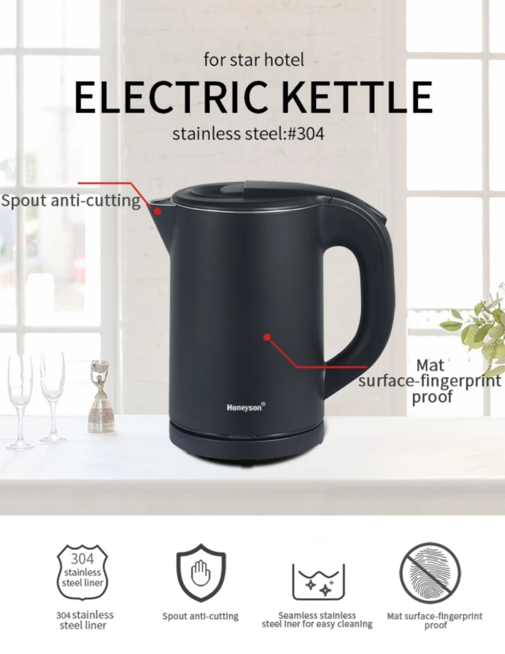 Hotel 0.6L Honeyson Electric kettle & Hospitality Tray Black or Silver Ideal for Hotel/Air B&B/Caravan