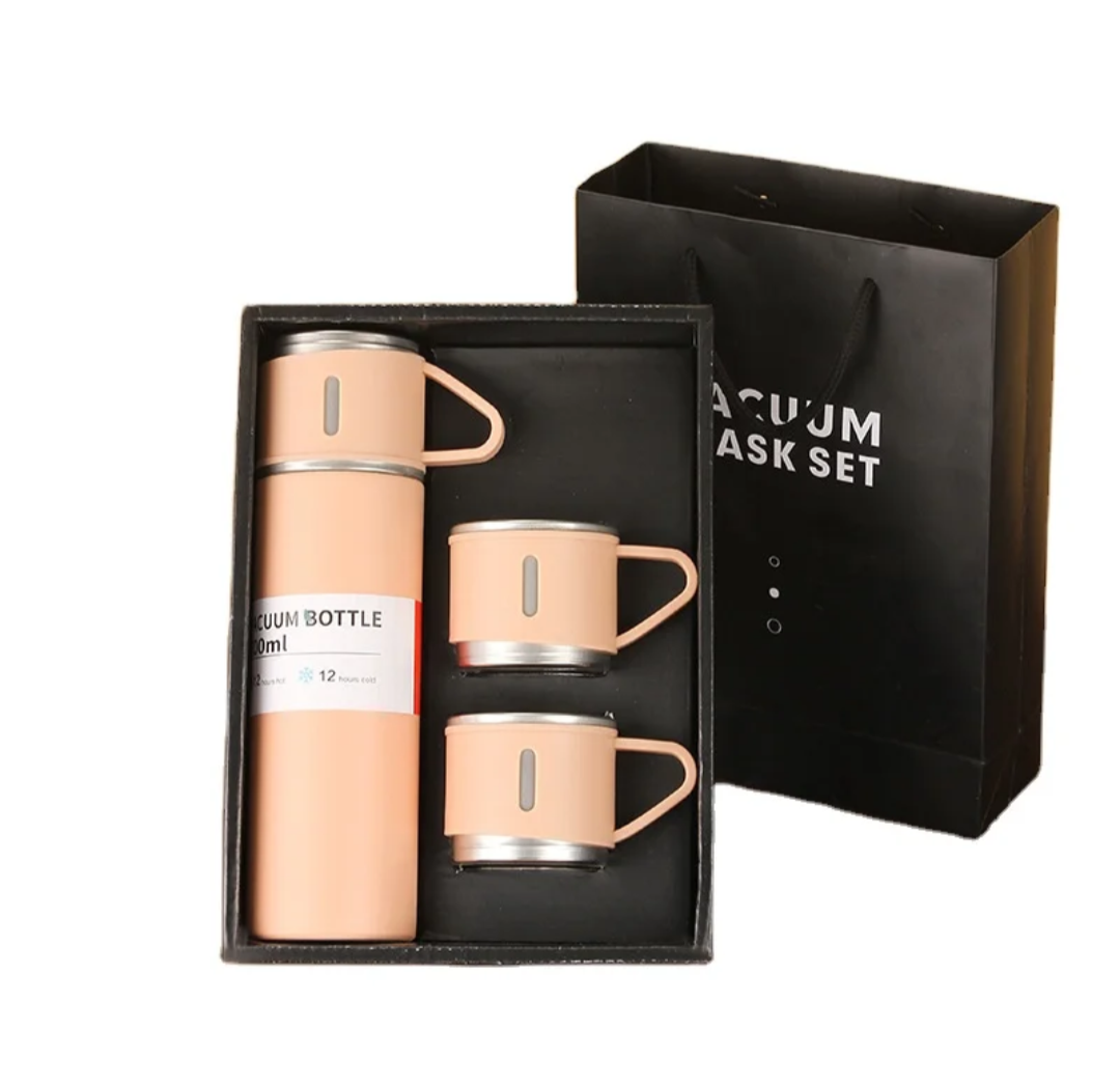 Stainless Steel Thermos Flask Gift Set Hot/Cold Travel Bottle with 2 Cups 0.5L