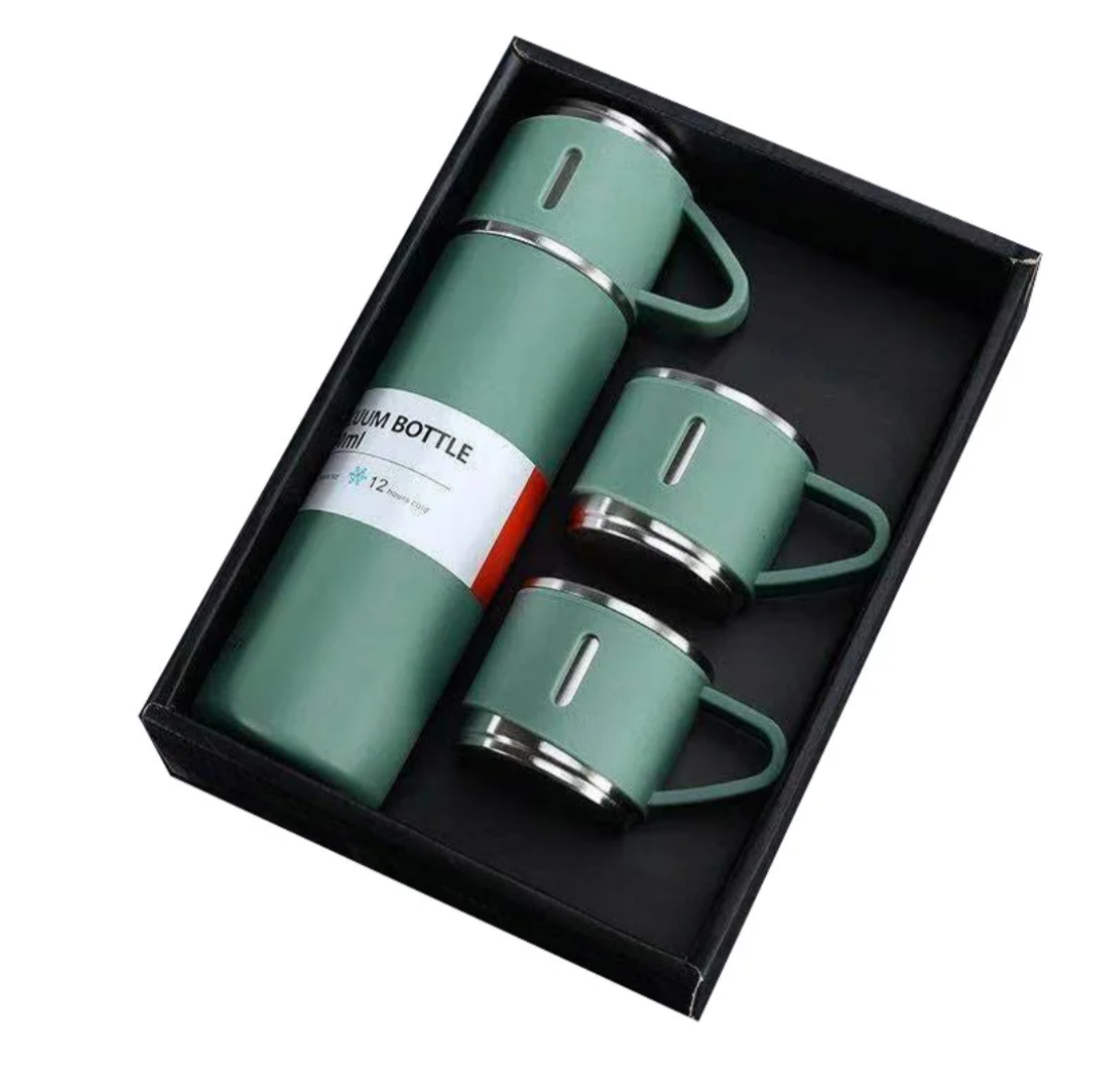 Stainless Steel Thermos Flask Gift Set Hot/Cold Travel Bottle with 2 Cups 0.5L