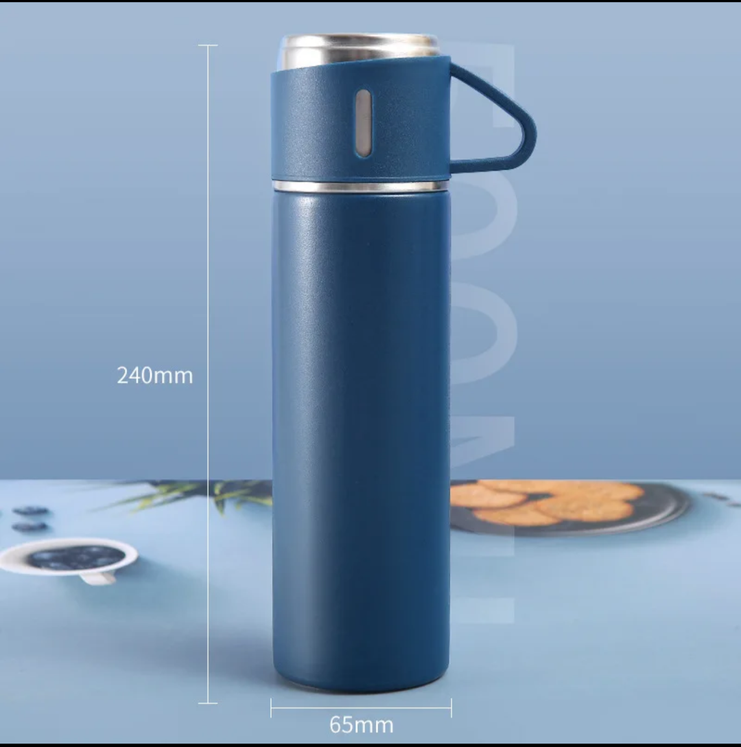Stainless Steel Thermos Flask Gift Set Hot/Cold Travel Bottle with 2 Cups 0.5L