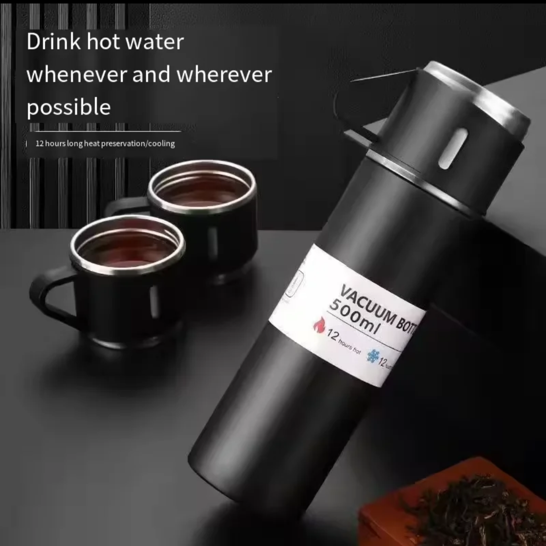 Stainless Steel Thermos Flask Gift Set Hot/Cold Travel Bottle with 2 Cups 0.5L