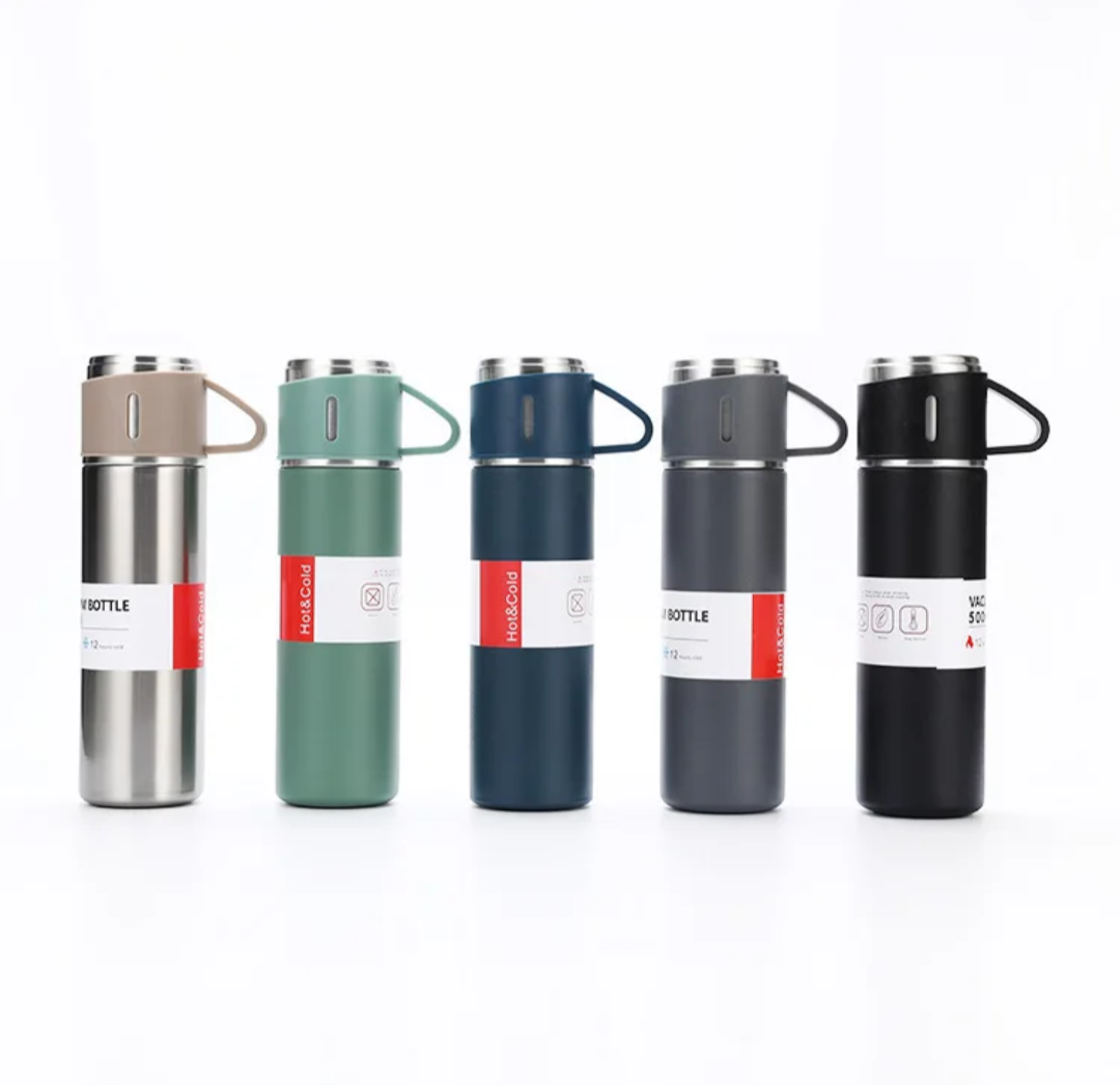 Stainless Steel Thermos Flask Gift Set Hot/Cold Travel Bottle with 2 Cups 0.5L