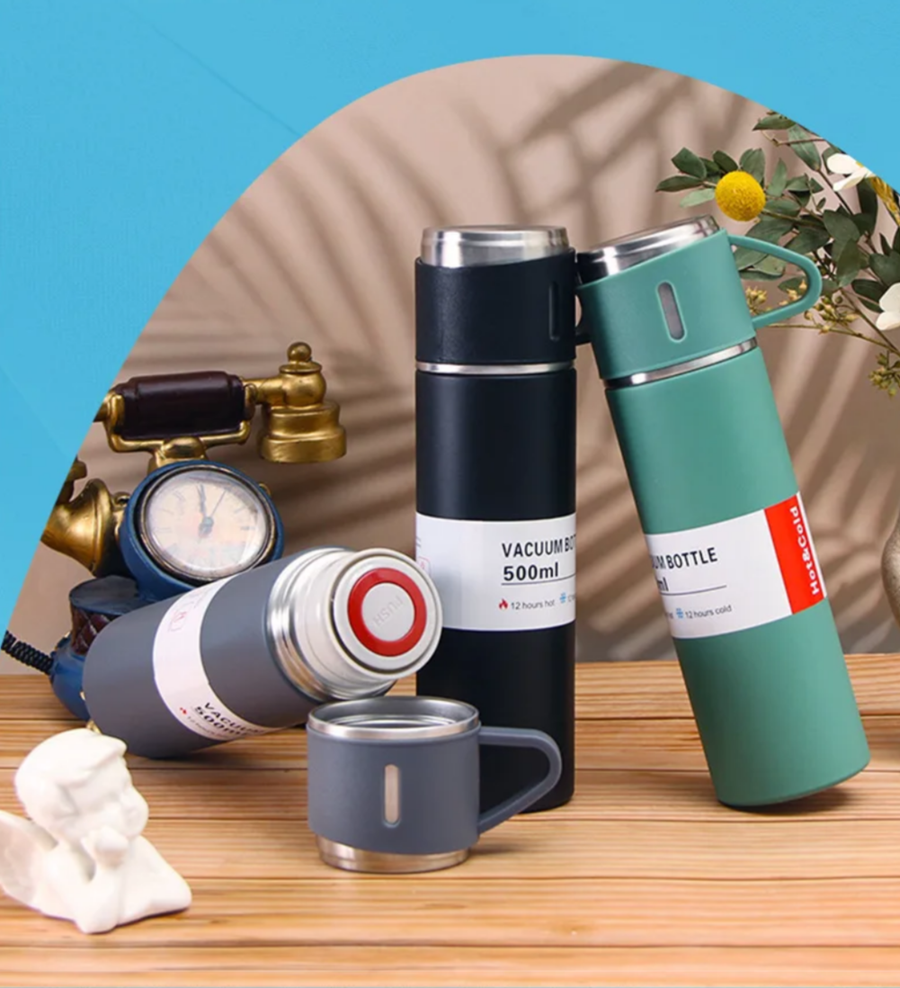 Stainless Steel Thermos Flask Gift Set Hot/Cold Travel Bottle with 2 Cups 0.5L