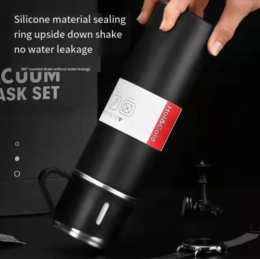 Stainless Steel Thermos Flask Gift Set Hot/Cold Travel Bottle with 2 Cups 0.5L