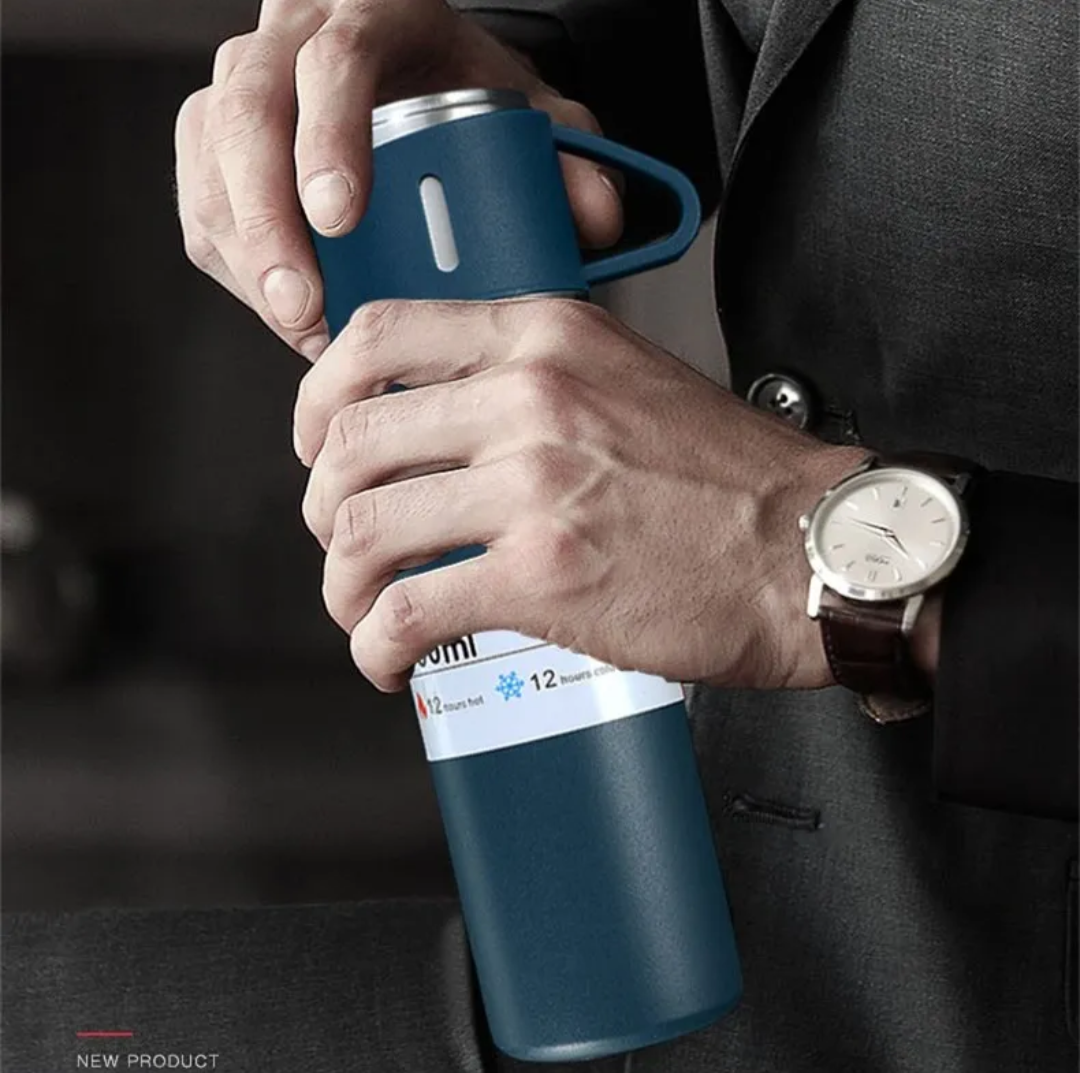 Stainless Steel Thermos Flask Gift Set Hot/Cold Travel Bottle with 2 Cups 0.5L