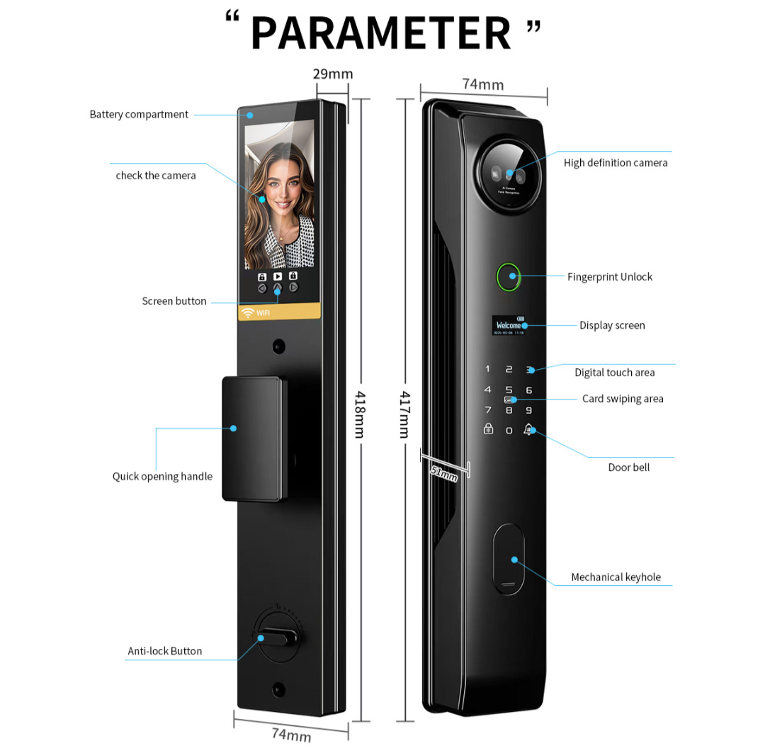 Face Recognition Smart Camera Fingerprint Lock Tuya App Password Key and key card